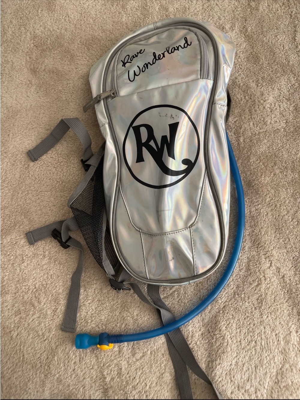 RAVE WONDERLAND Iridescent Silver Hydration Backpack with Blue Tube